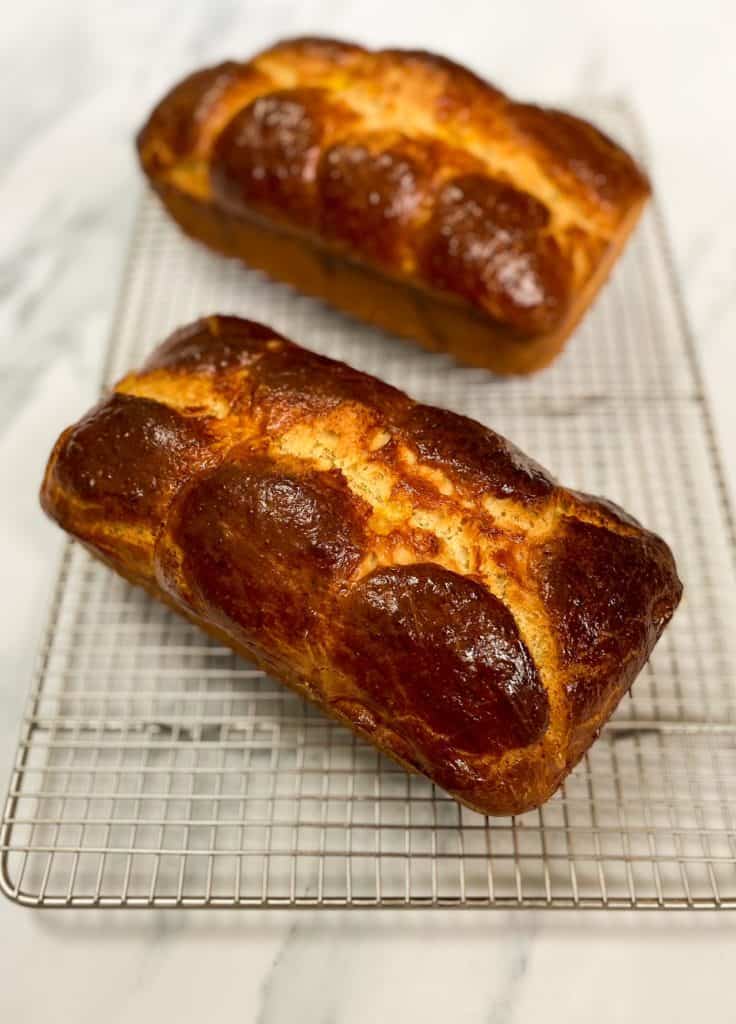 easy brioche loaf on wire rack