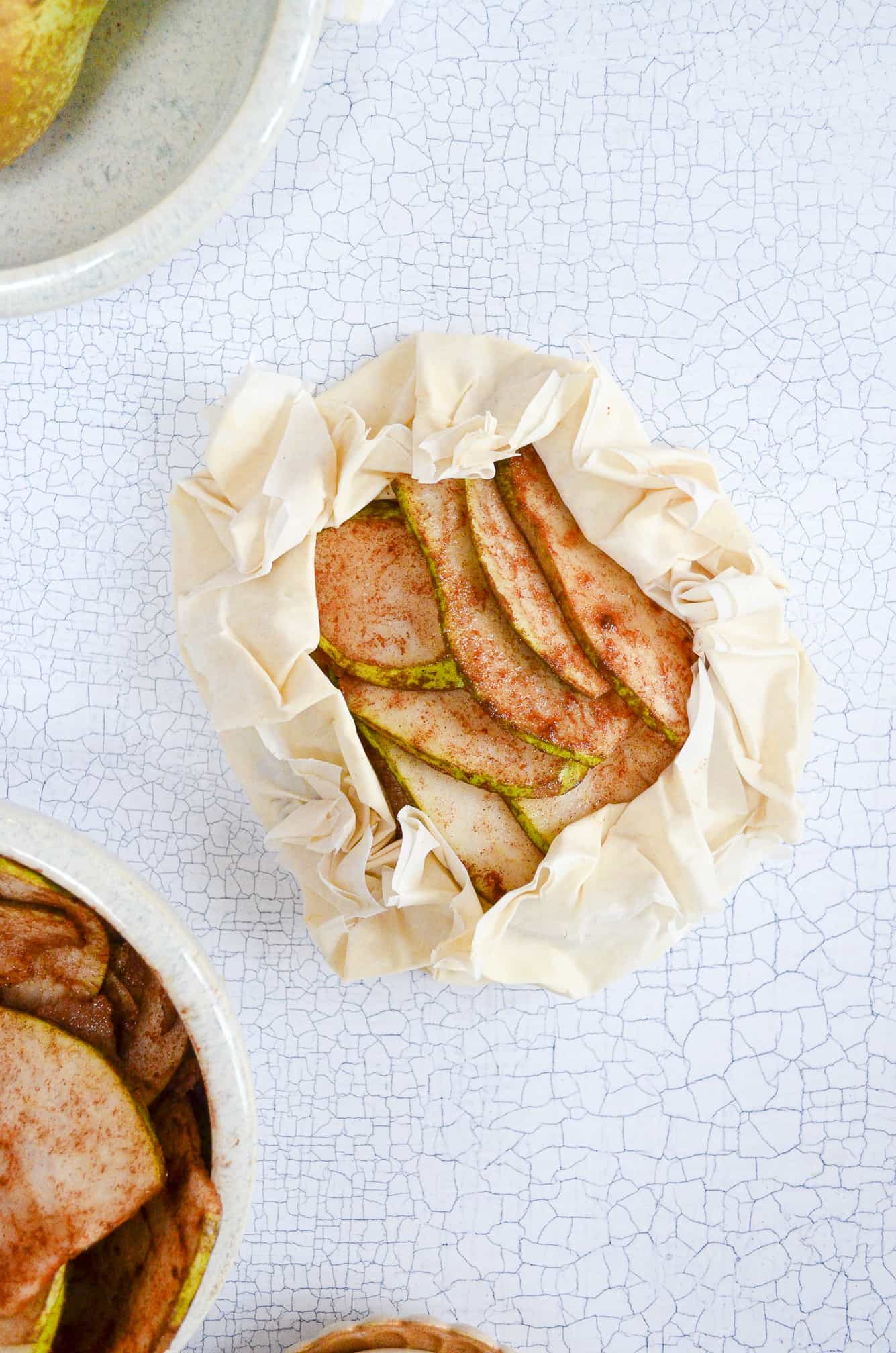 vegan pear and almond filo tart assembled 