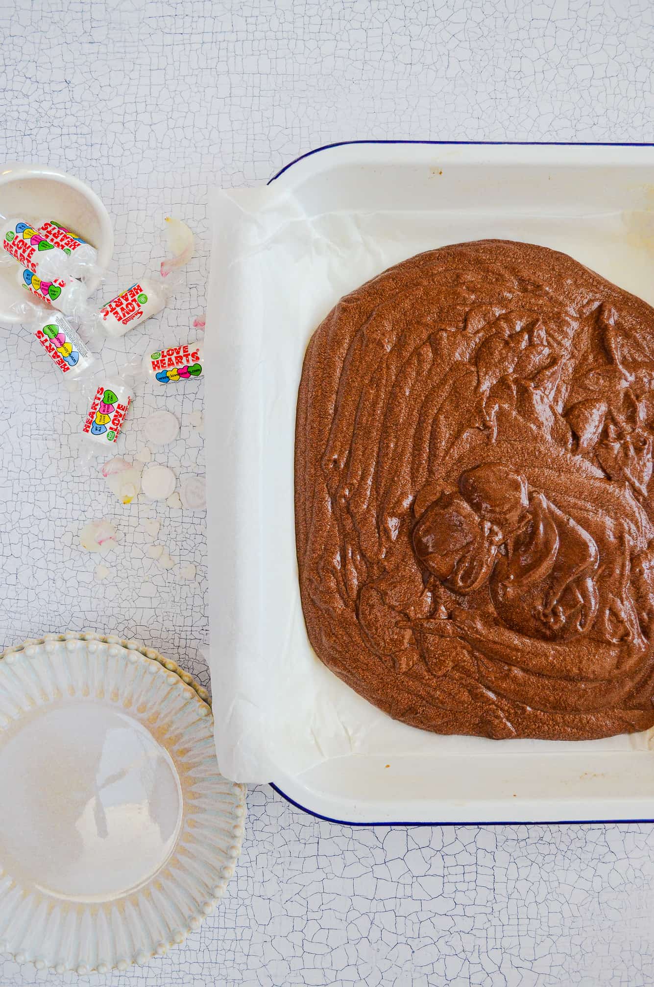 chocolate cake batter in tin 