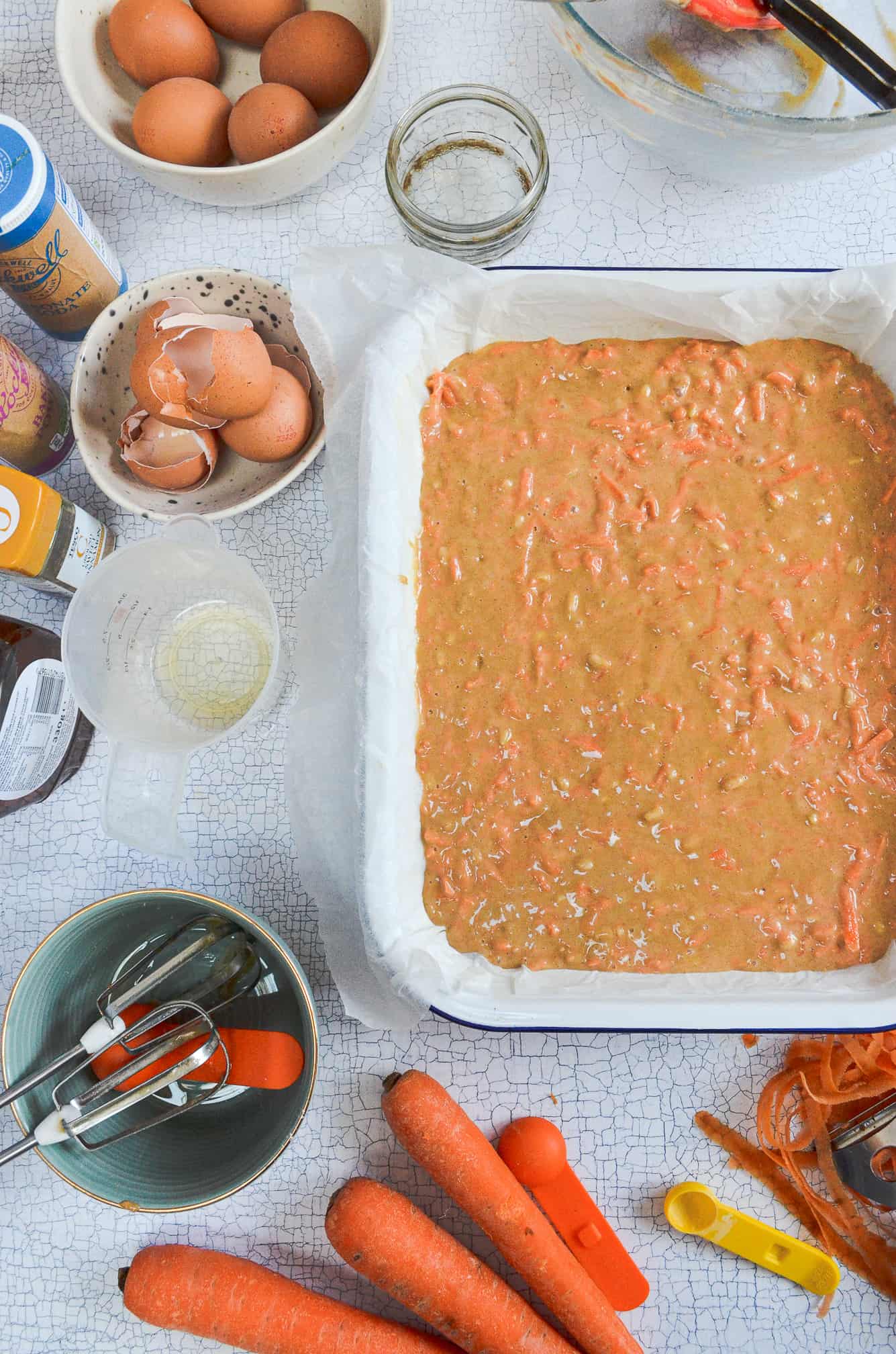 carrot cake batter in tin