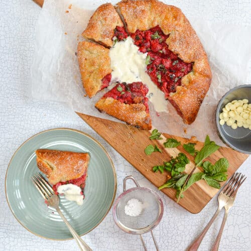 raspberry white chocolate and mint galette with ice cream