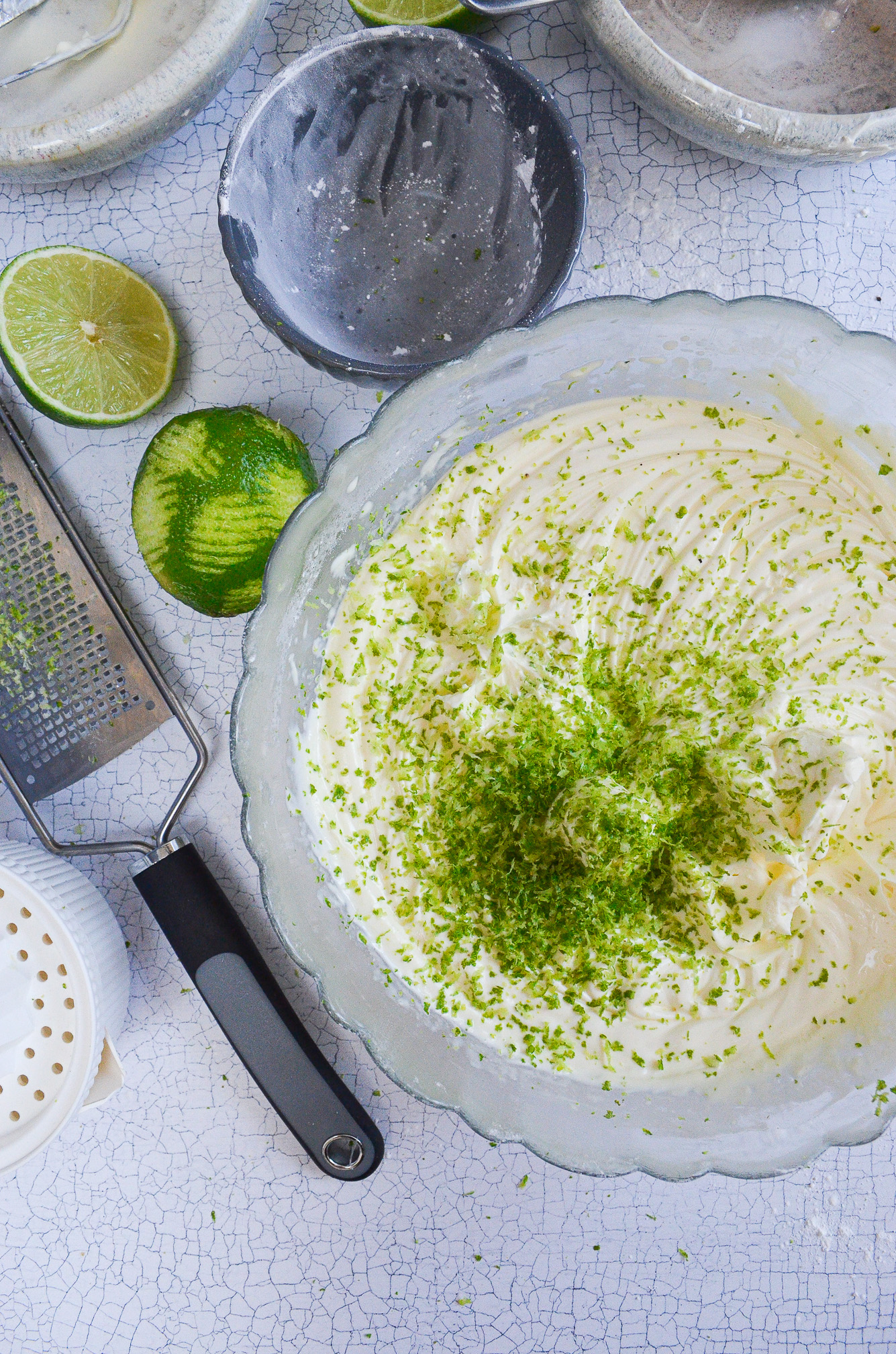 lime zest on top of no-bake cheesecake filling